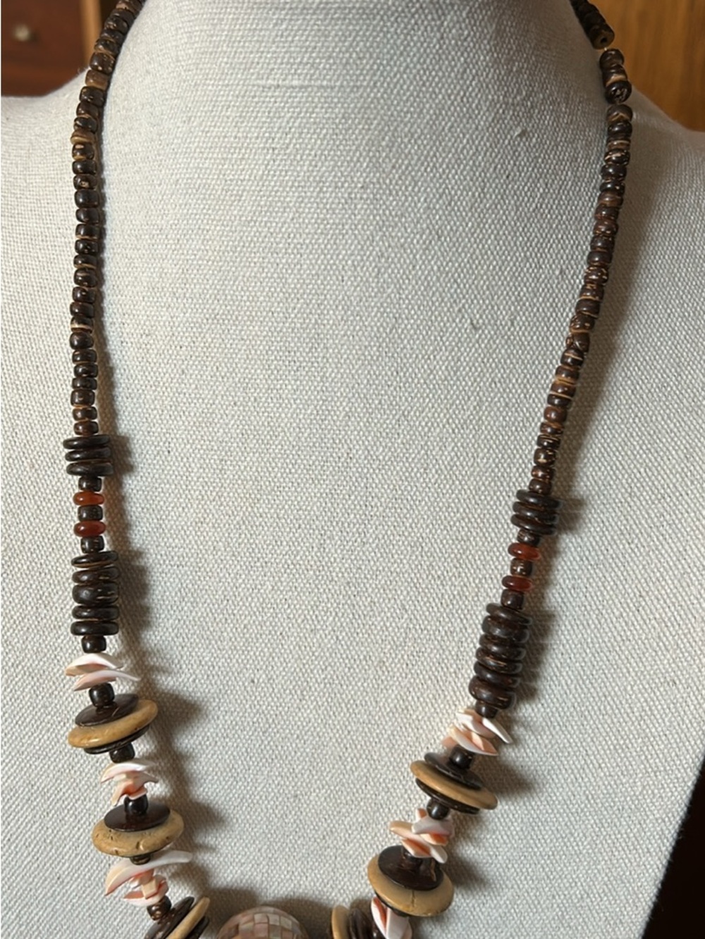 Boho Brown and Cream Beaded Necklace with Shell Accents
